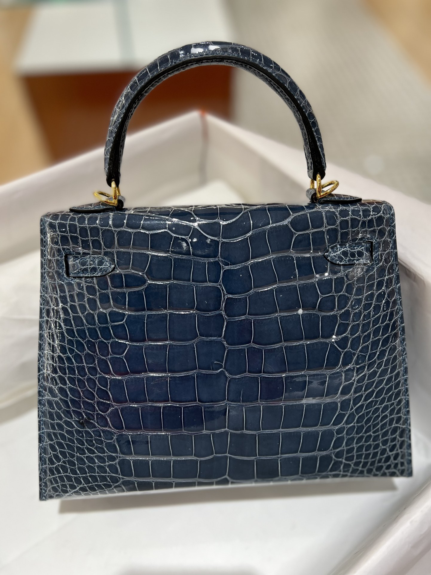 Hermes Kelly 25cm Handbag Shoulder Bag In Blue Nuit Shiny Crocodile Niloticus Leather